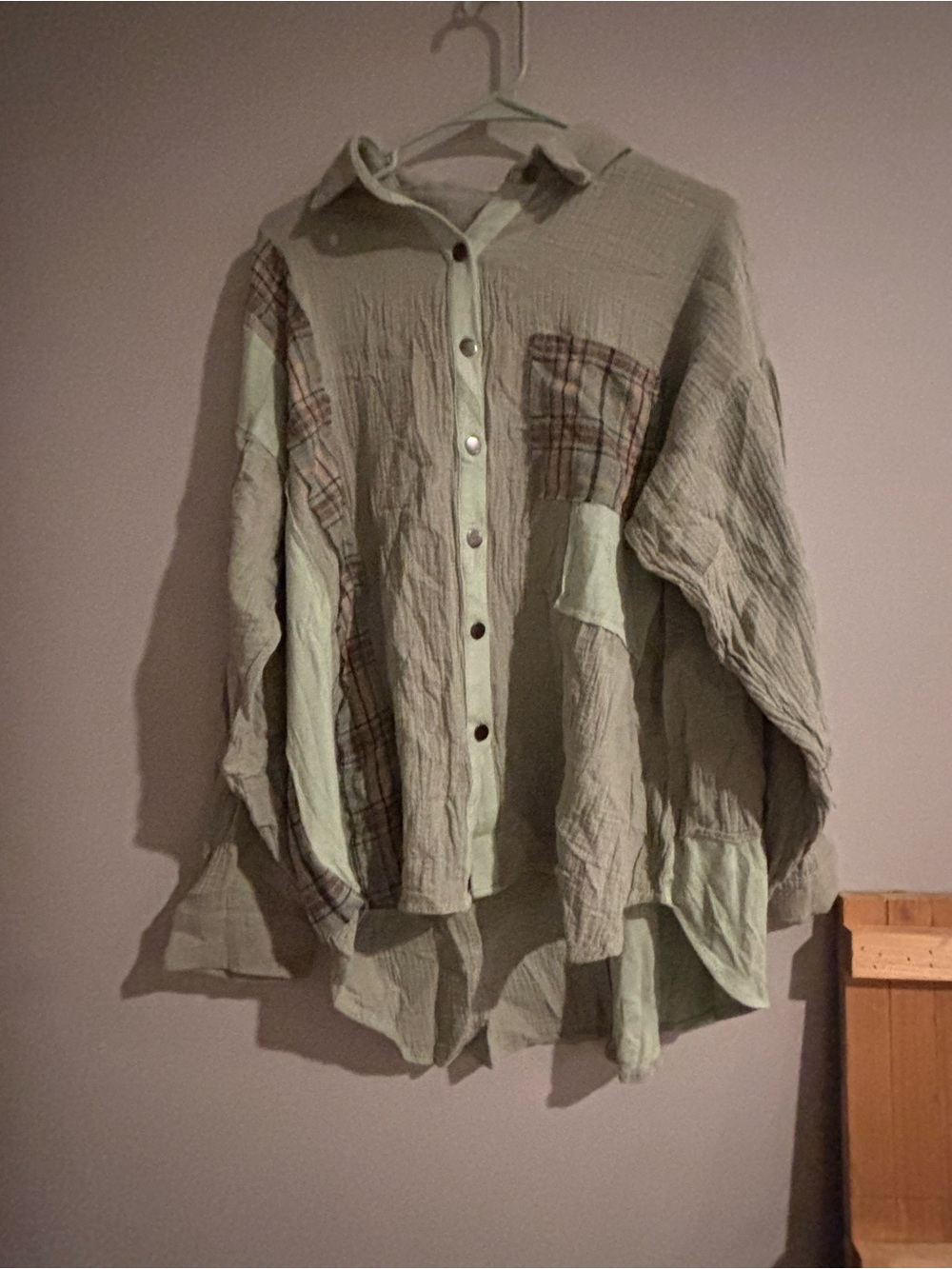 POL Light Sage Button-Up Shirt with Plaid Accents